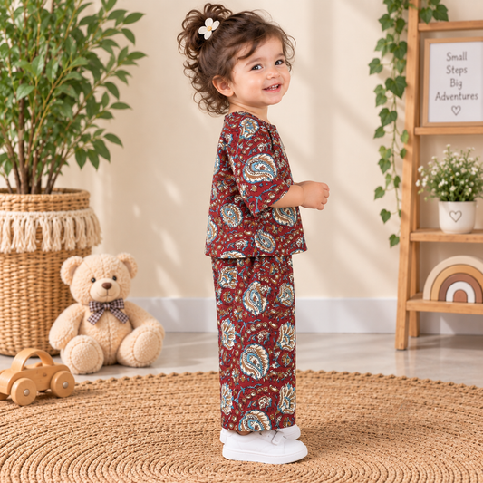 Maroon Kalamkari Hand Block Print Toddler Lounge Set – 2-Piece Relaxed Co-ord