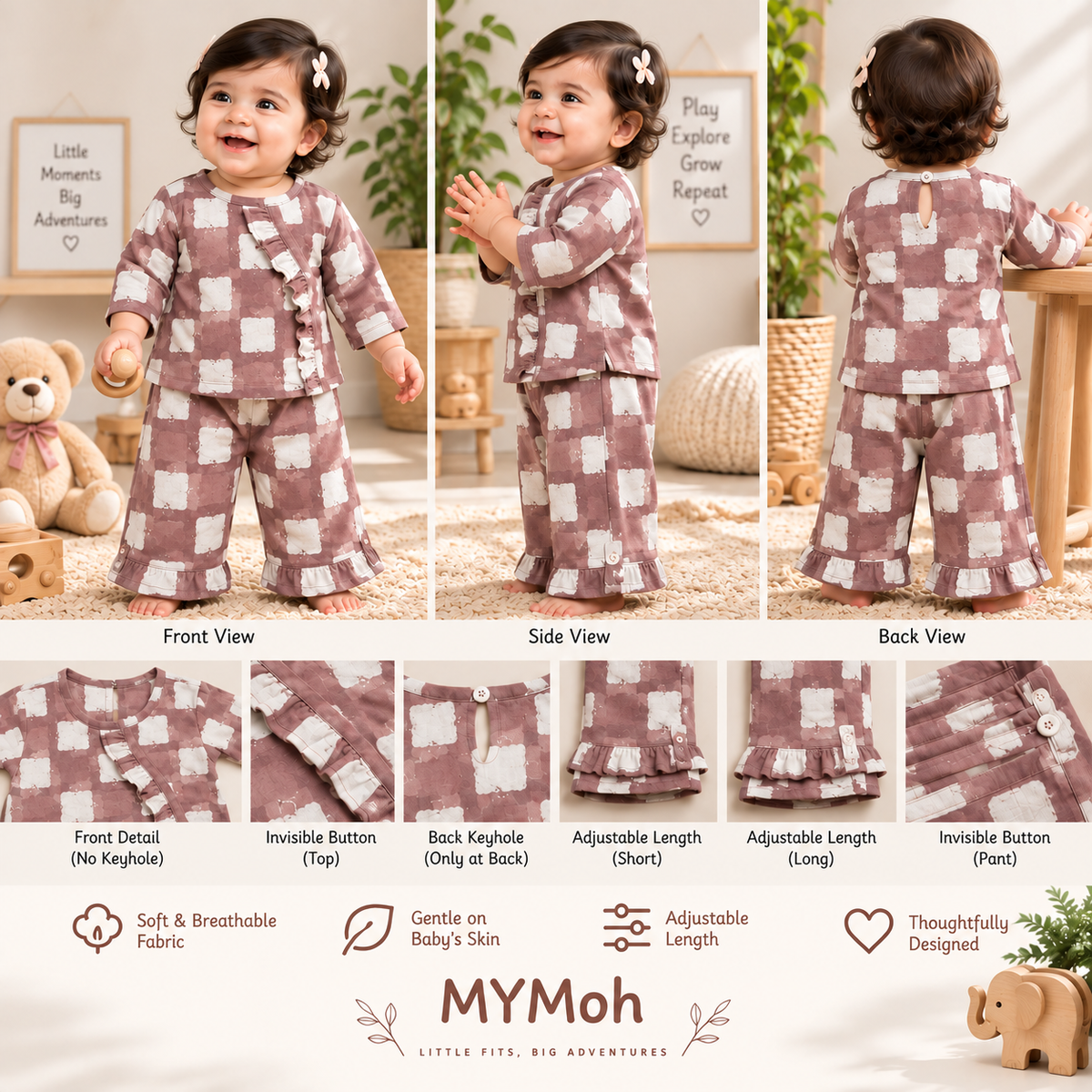 Dusty Rose Checkered Ruffle Lounge Set – 2-Piece Toddler Co-ord