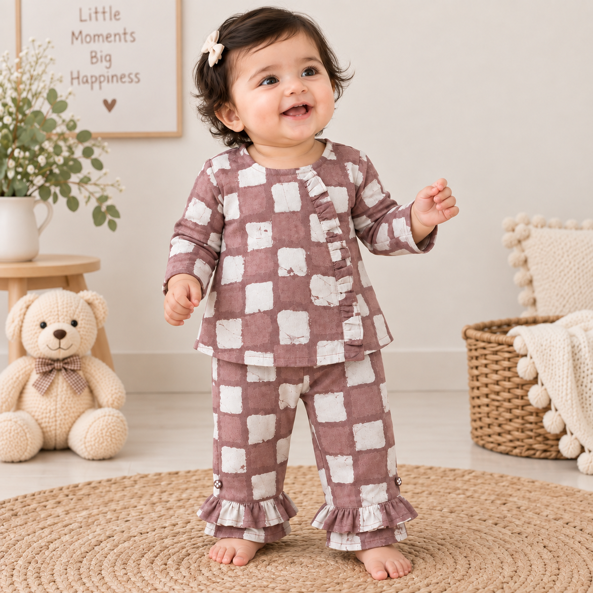 Dusty Rose Checkered Ruffle Lounge Set – 2-Piece Toddler Co-ord