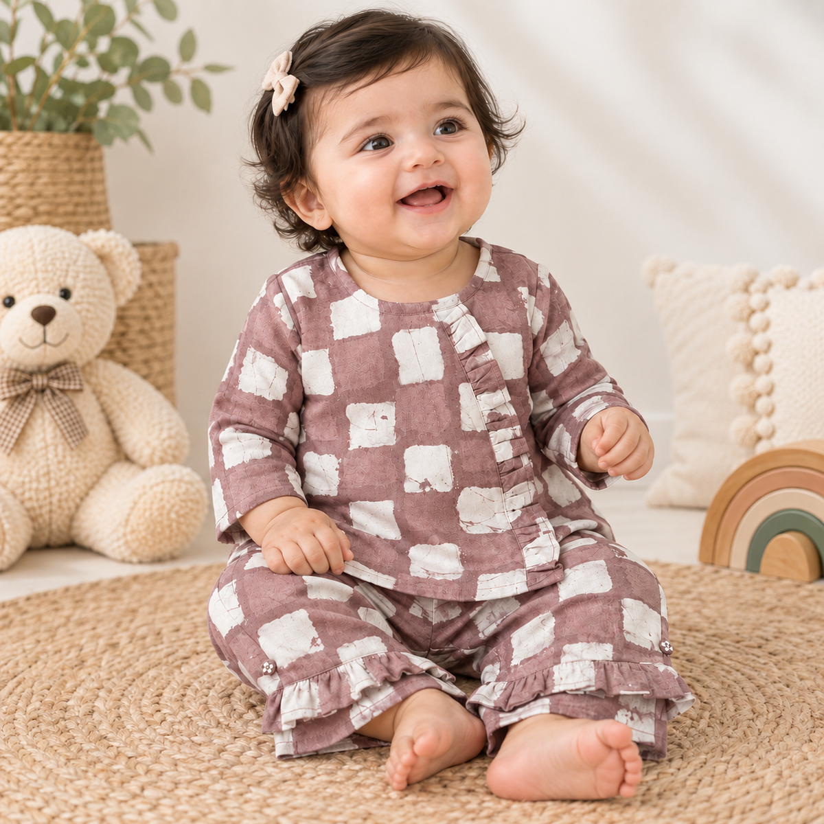 Dusty Rose Checkered Ruffle Lounge Set – 2-Piece Toddler Co-ord