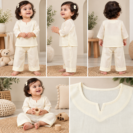 Ivory Cream Toddler Lounge Set – 2-Piece Solid Cotton Co-ord