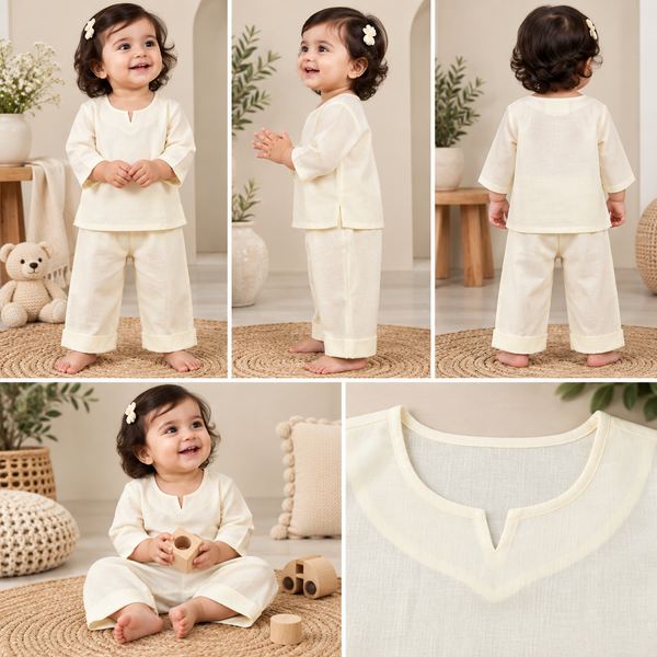 Ivory Cream Toddler Lounge Set – 2-Piece Solid Cotton Co-ord