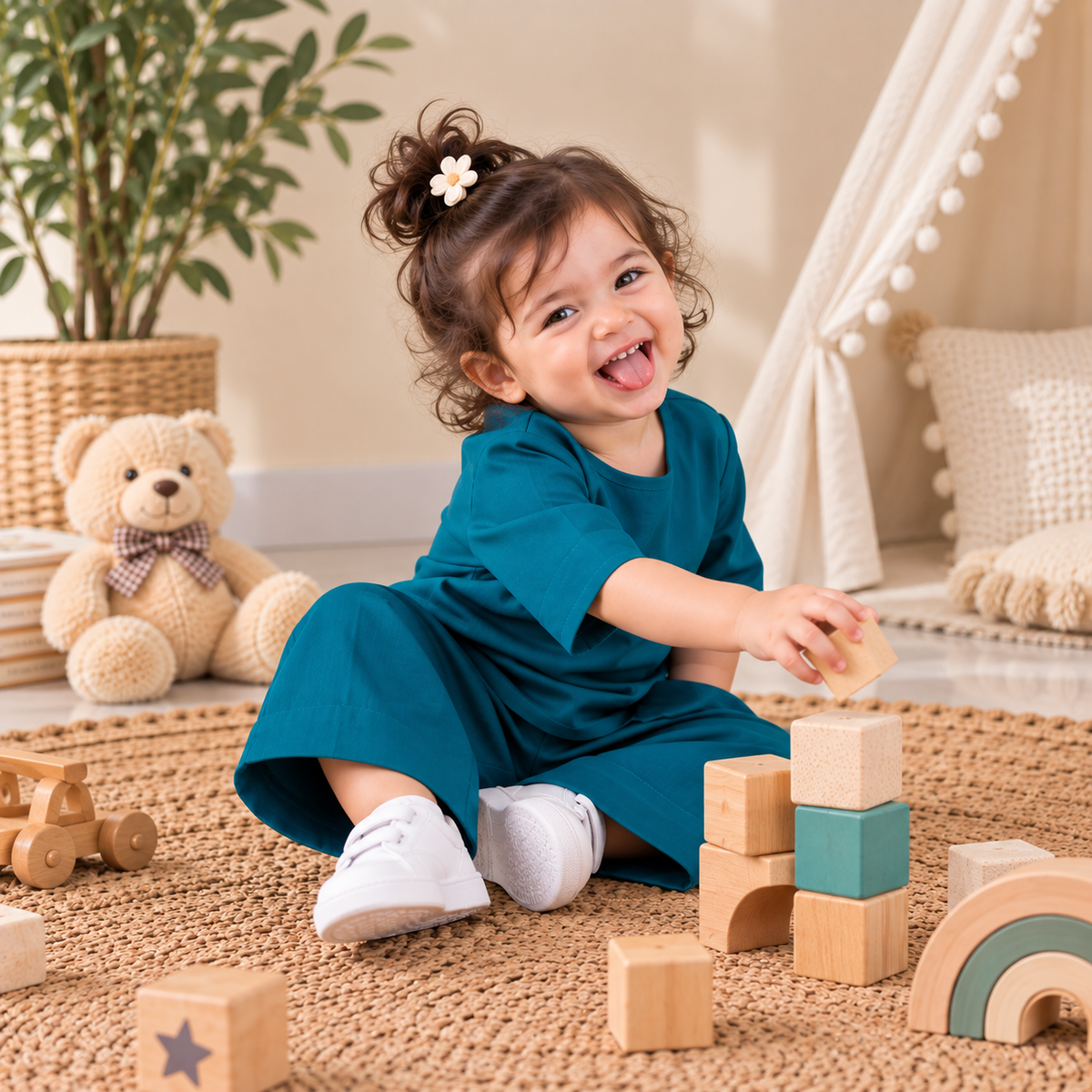 Teal Breeze Toddler Lounge Set – 2-Piece Solid Cotton Co-ord
