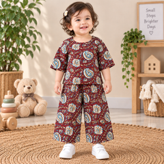 Maroon Kalamkari Hand Block Print Toddler Lounge Set – 2-Piece Relaxed Co-ord