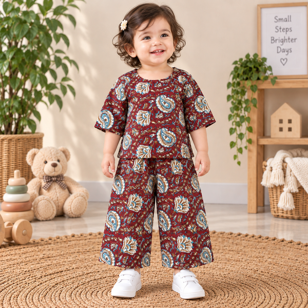 Maroon Kalamkari Hand Block Print Toddler Lounge Set – 2-Piece Relaxed Co-ord