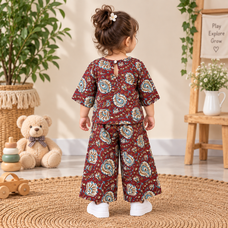 Maroon Kalamkari Hand Block Print Toddler Lounge Set – 2-Piece Relaxed Co-ord