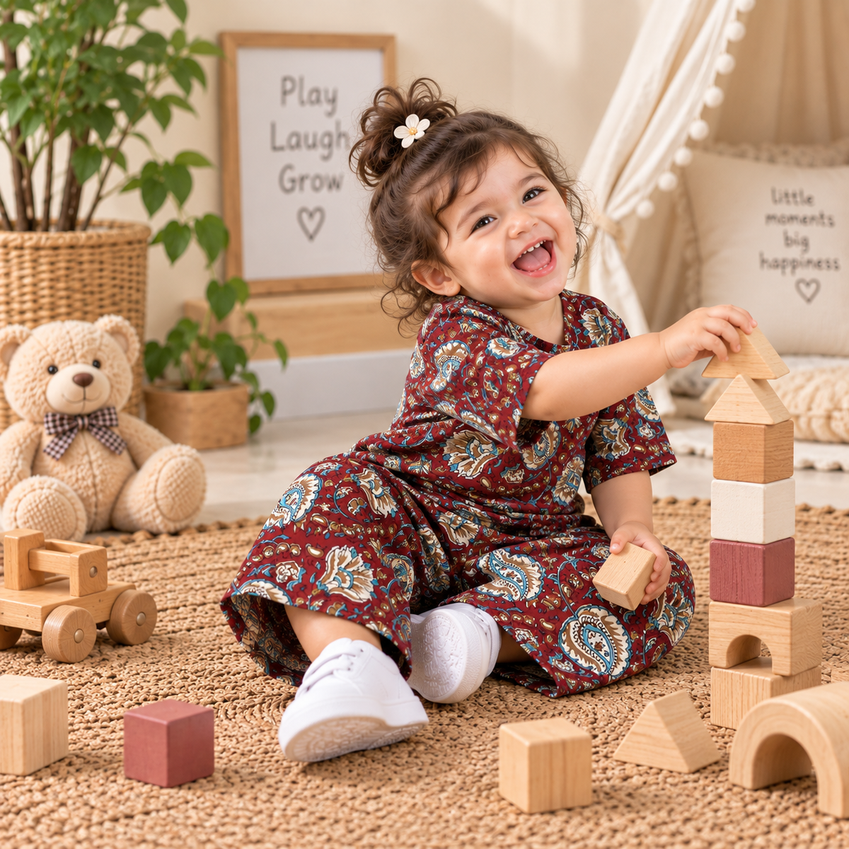 Maroon Kalamkari Hand Block Print Toddler Lounge Set – 2-Piece Relaxed Co-ord