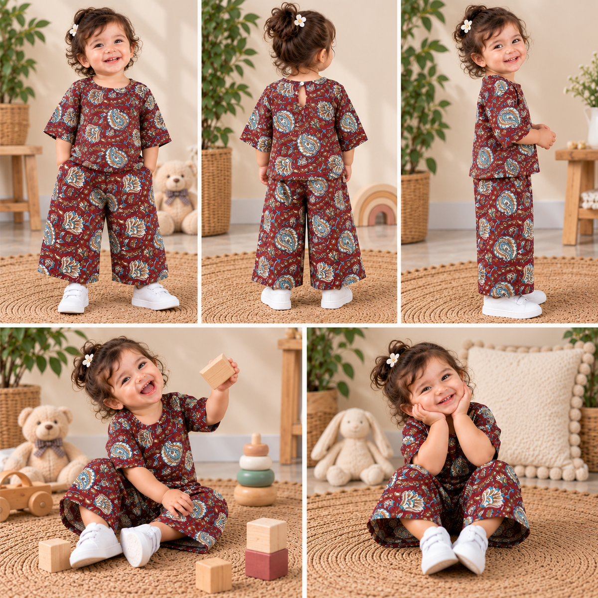 Maroon Kalamkari Hand Block Print Toddler Lounge Set – 2-Piece Relaxed Co-ord