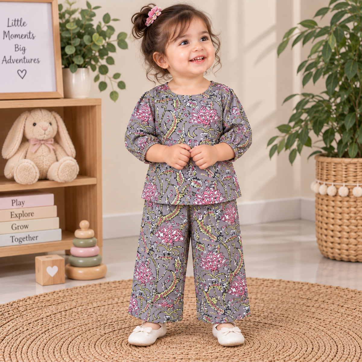 Slate Grey Floral Hand Block Print Toddler Lounge Set – 2-Piece Relaxed Co-ord