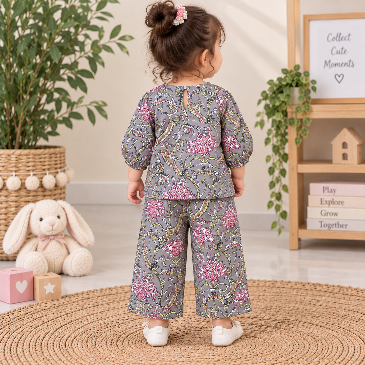 Slate Grey Floral Hand Block Print Toddler Lounge Set – 2-Piece Relaxed Co-ord