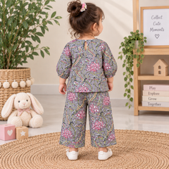 Slate Grey Floral Hand Block Print Toddler Lounge Set – 2-Piece Relaxed Co-ord