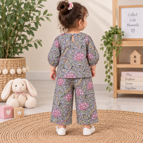 Slate Grey Floral Hand Block Print Toddler Lounge Set – 2-Piece Relaxed Co-ord