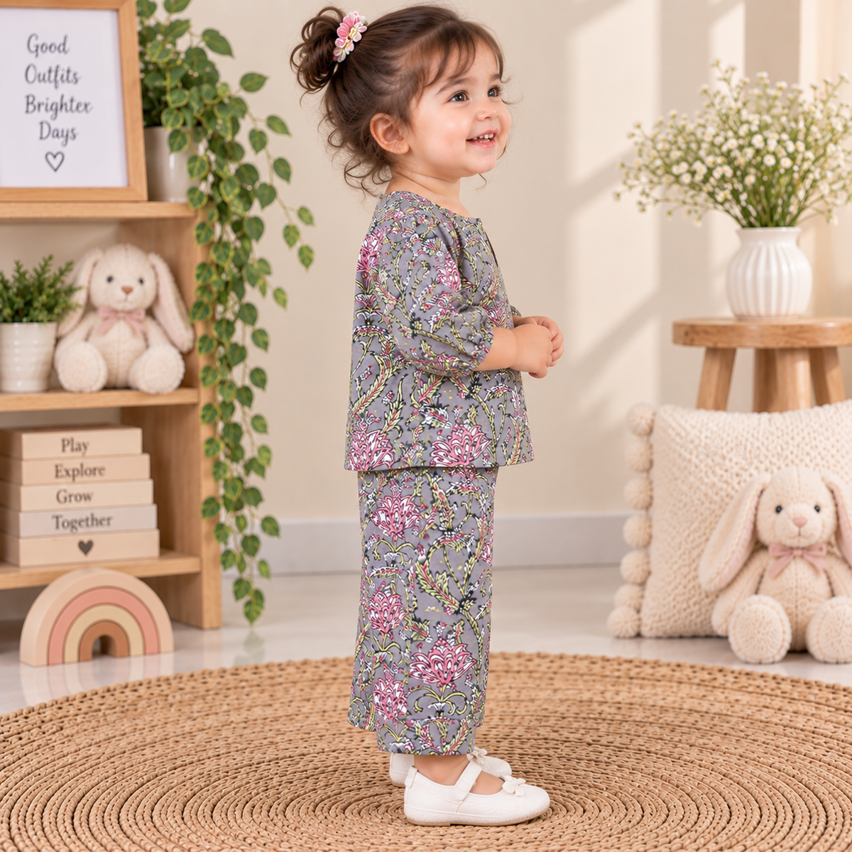 Slate Grey Floral Hand Block Print Toddler Lounge Set – 2-Piece Relaxed Co-ord