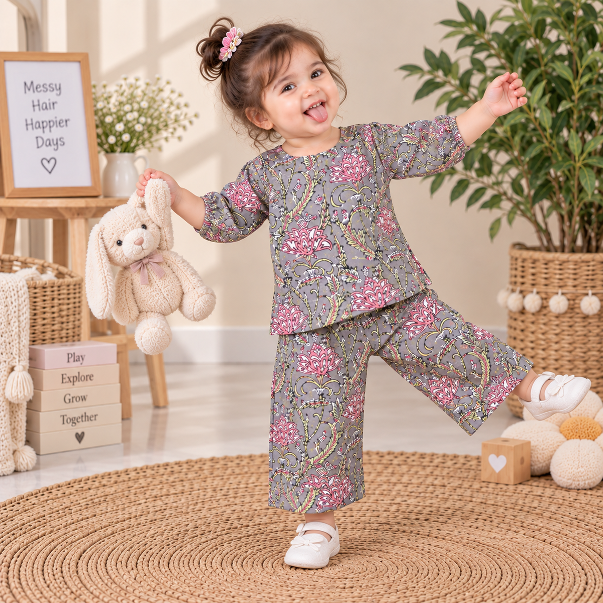 Slate Grey Floral Hand Block Print Toddler Lounge Set – 2-Piece Relaxed Co-ord