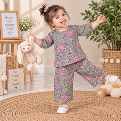 Slate Grey Floral Hand Block Print Toddler Lounge Set – 2-Piece Relaxed Co-ord