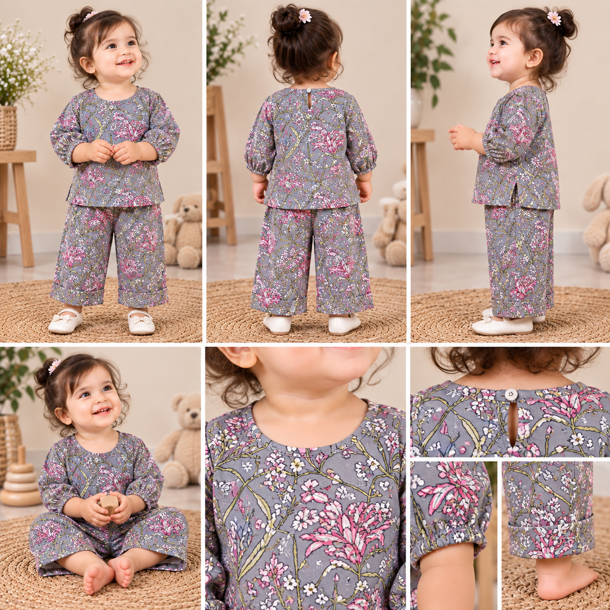 Slate Grey Floral Hand Block Print Toddler Lounge Set – 2-Piece Relaxed Co-ord
