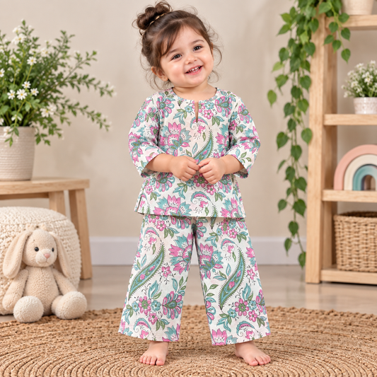 Green & Pink Floral Hand Block Print Toddler Lounge Set – 2-Piece Cotton Co-ord