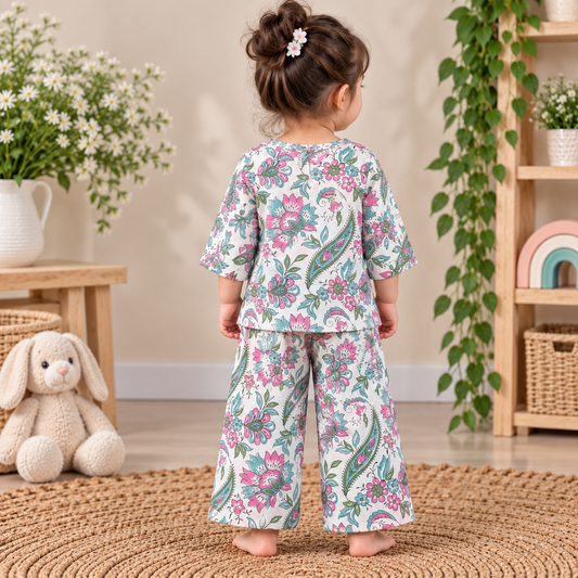 Green & Pink Floral Hand Block Print Toddler Lounge Set – 2-Piece Cotton Co-ord