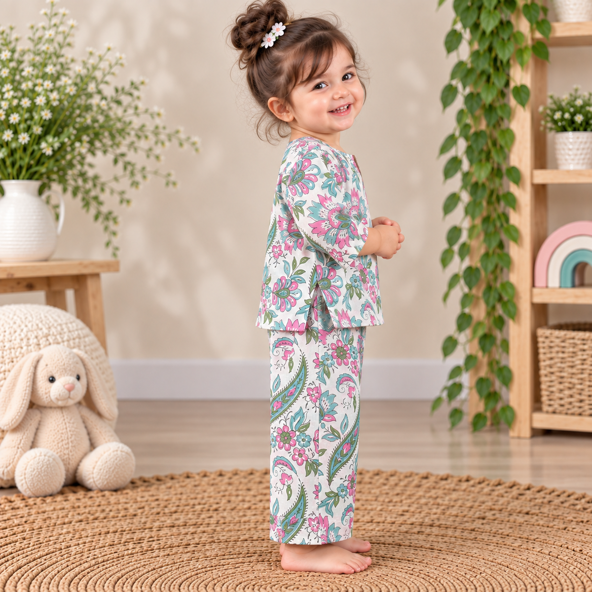 Green & Pink Floral Hand Block Print Toddler Lounge Set – 2-Piece Cotton Co-ord