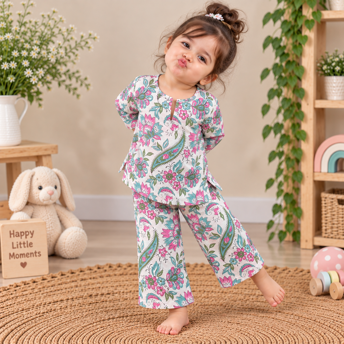 Green & Pink Floral Hand Block Print Toddler Lounge Set – 2-Piece Cotton Co-ord