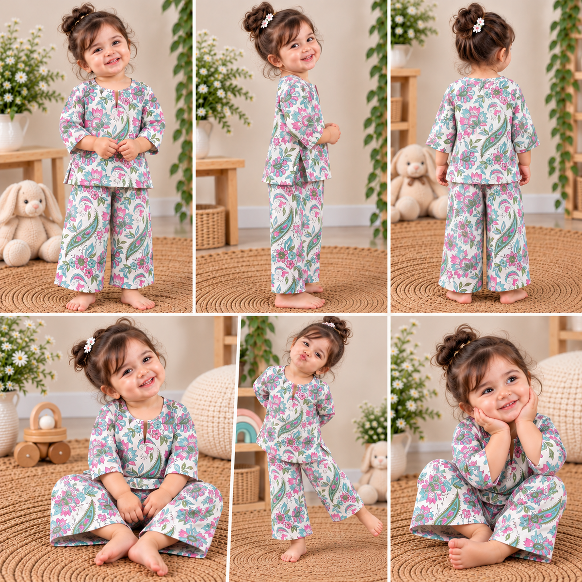 Green & Pink Floral Hand Block Print Toddler Lounge Set – 2-Piece Cotton Co-ord