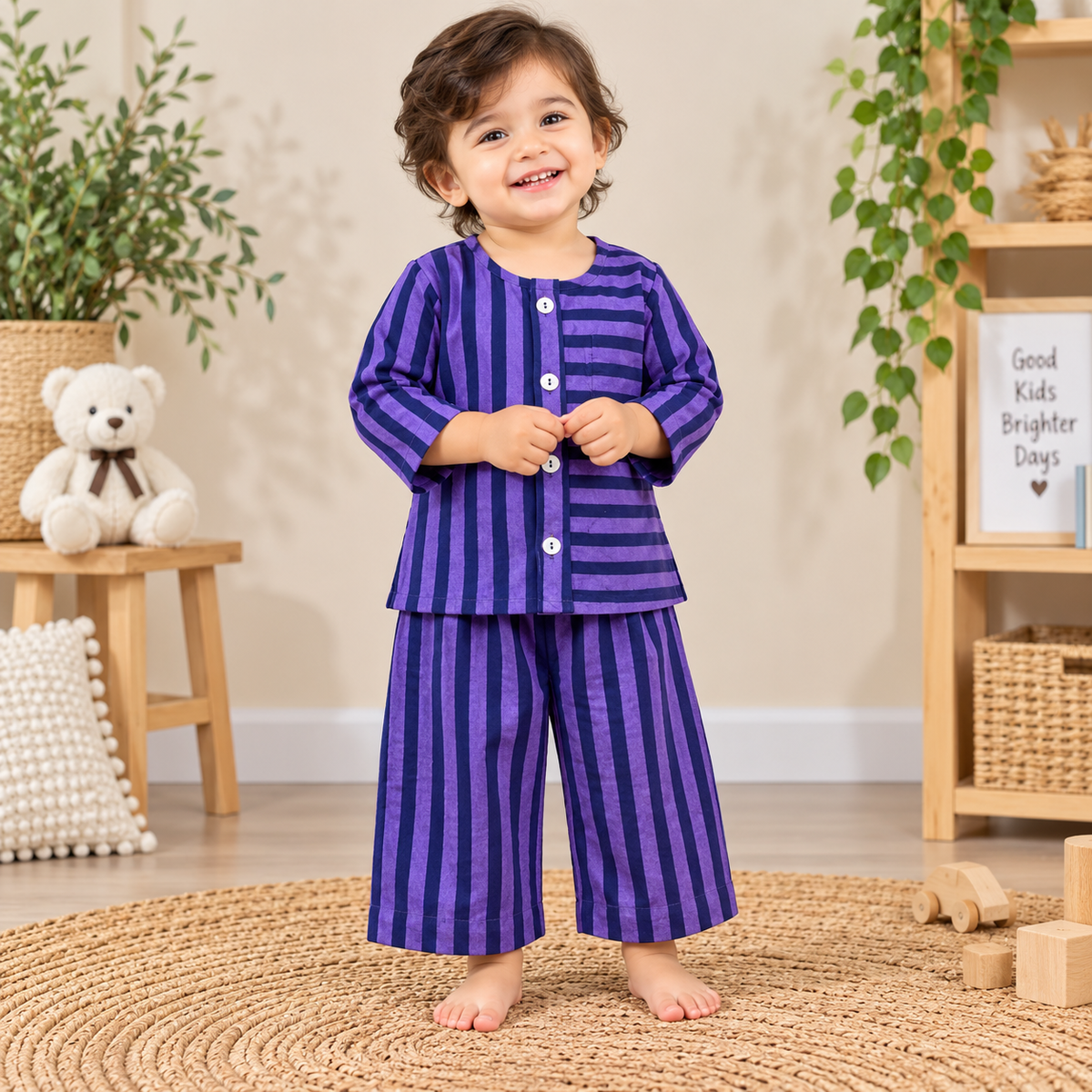 Violet Twilight Striped Cotton Co-ord Set (Button-Down Kurta-Shirt & Relaxed Pants)