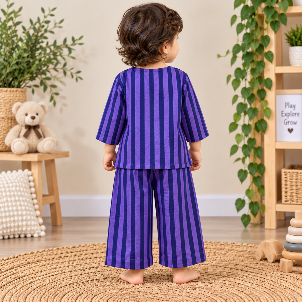Violet Twilight Striped Cotton Co-ord Set (Button-Down Kurta-Shirt & Relaxed Pants)