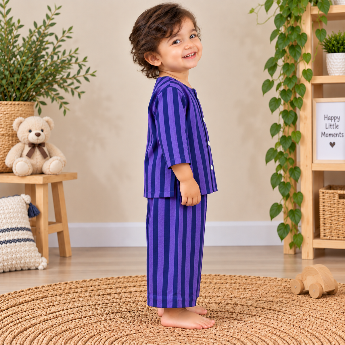 Violet Twilight Striped Cotton Co-ord Set (Button-Down Kurta-Shirt & Relaxed Pants)