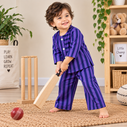 Violet Twilight Striped Cotton Co-ord Set (Button-Down Kurta-Shirt & Relaxed Pants)