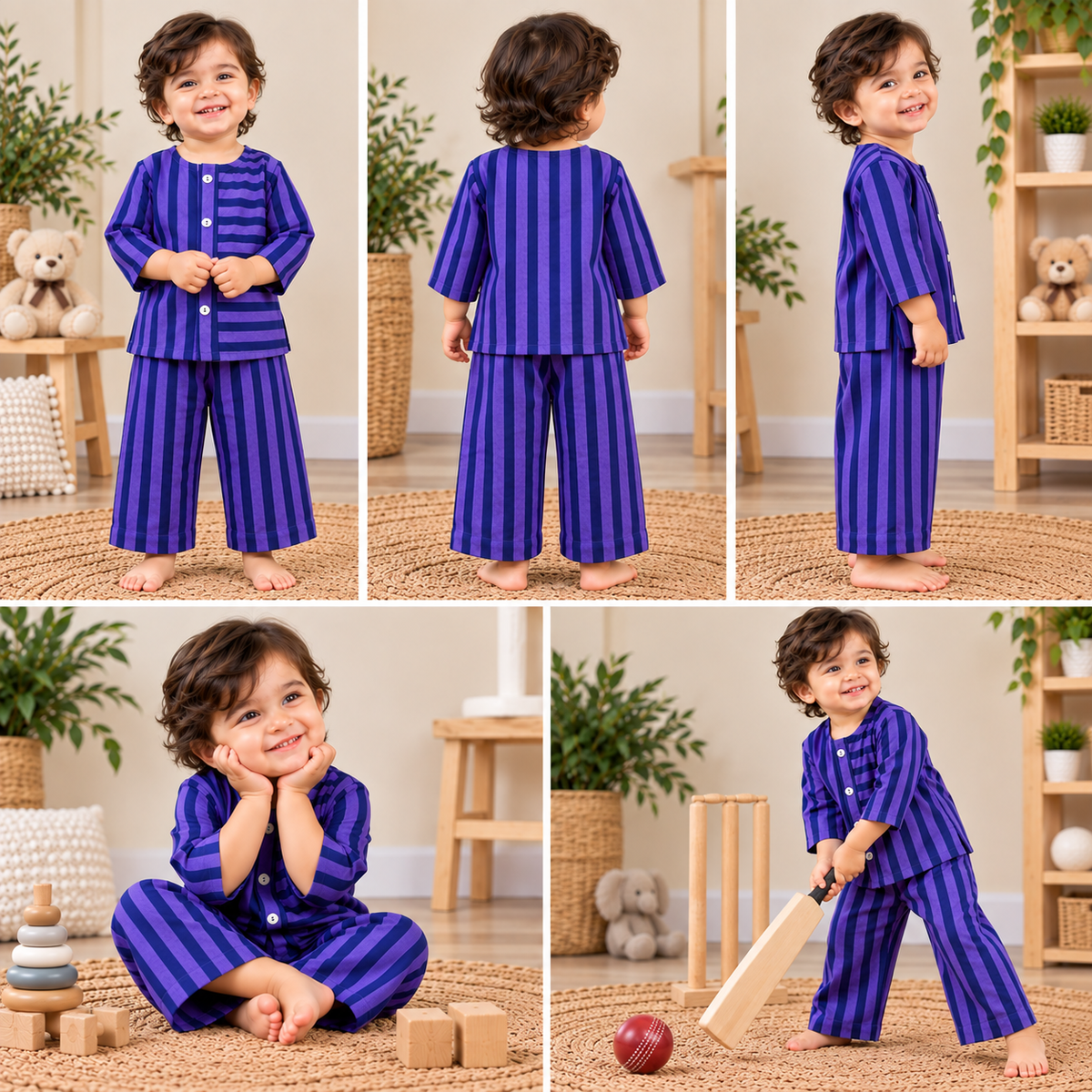 Violet Twilight Striped Cotton Co-ord Set (Button-Down Kurta-Shirt & Relaxed Pants)